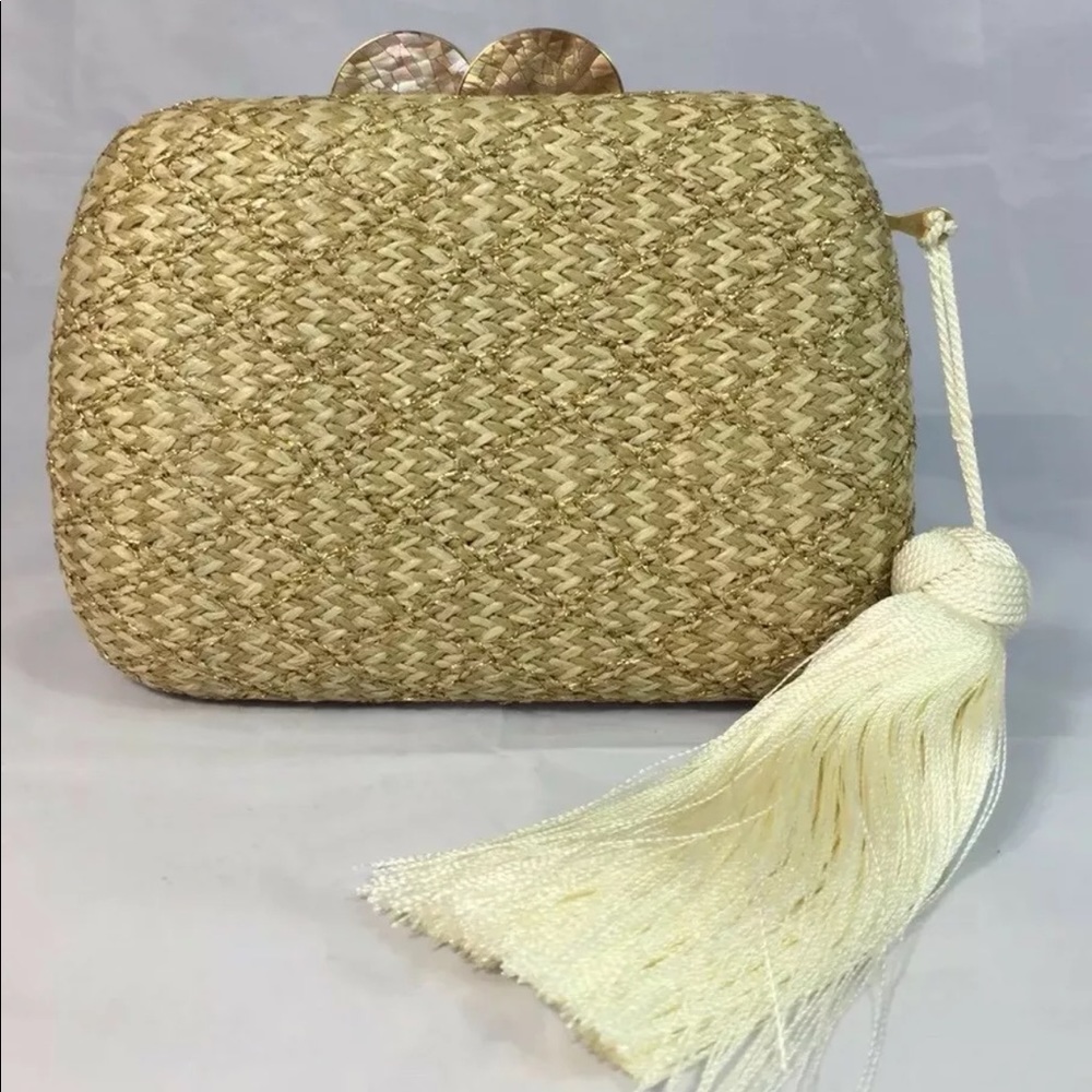 New Handmade Minaudière Clutch Woven Natural Fibre Raffia Tassel Mother Of Pearl